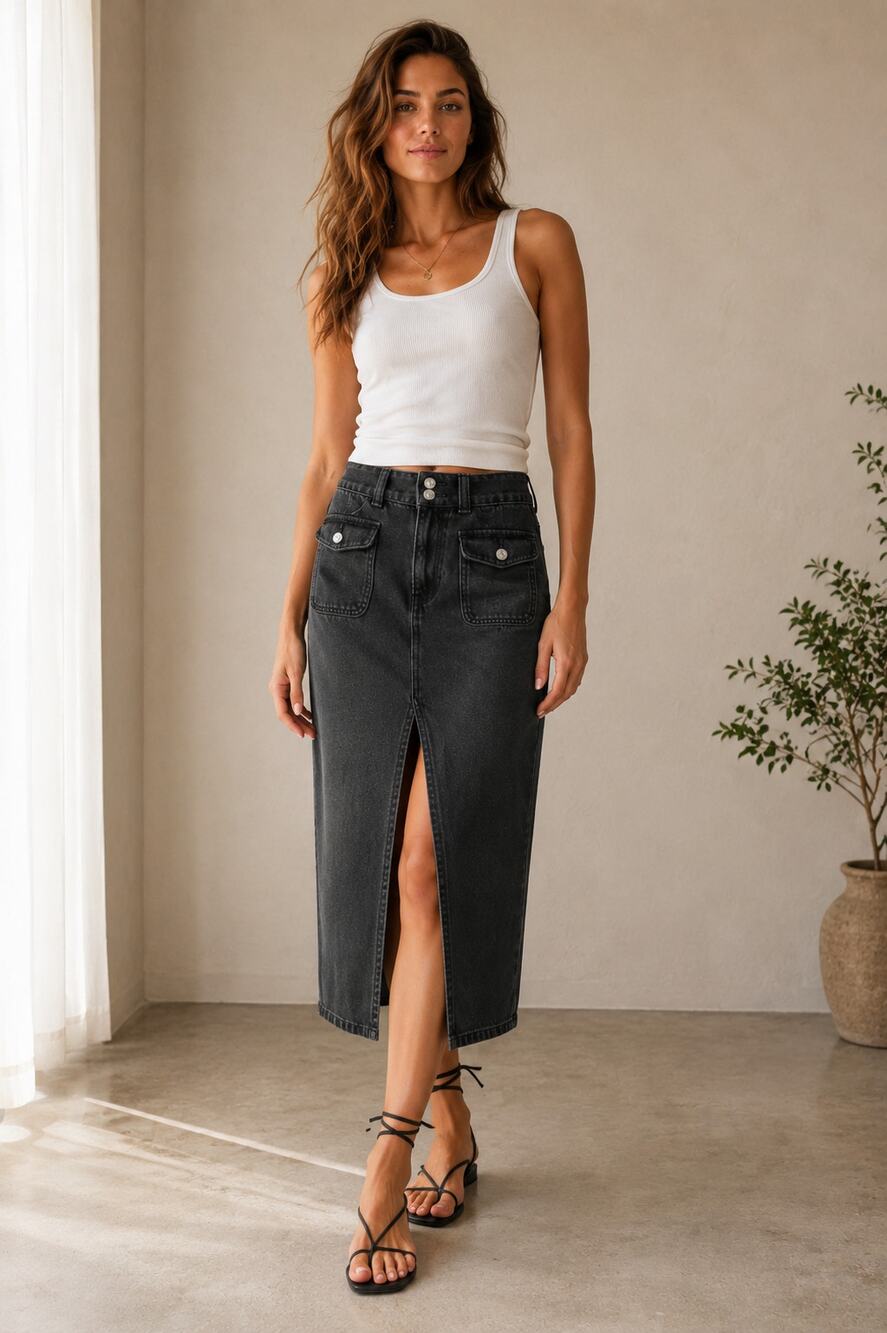 Free People We The Free Faded Black Wash Madison Utility Pocket Denim Midi Skirt - Picture 1 of 8